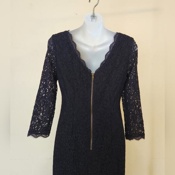 ADRIANNA PAPELL Navy Blue Floral Lace 3/4 Sleeve Evening Gown Maxi Dress Size 4 - Picture 9 of 13
